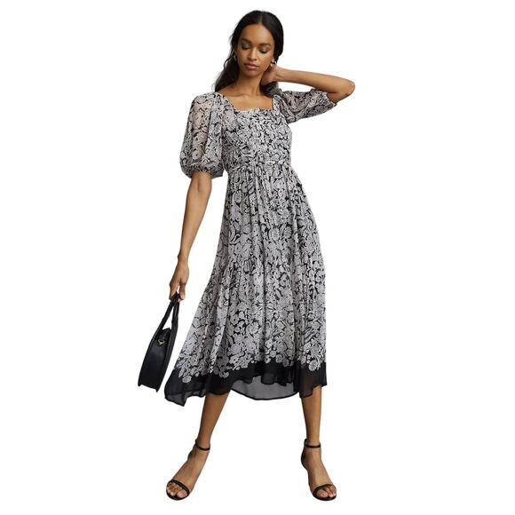 Anthropologie Floral Square Neck Smocked Short Sleeve Midi Dress Size Small - Picture 1 of 12